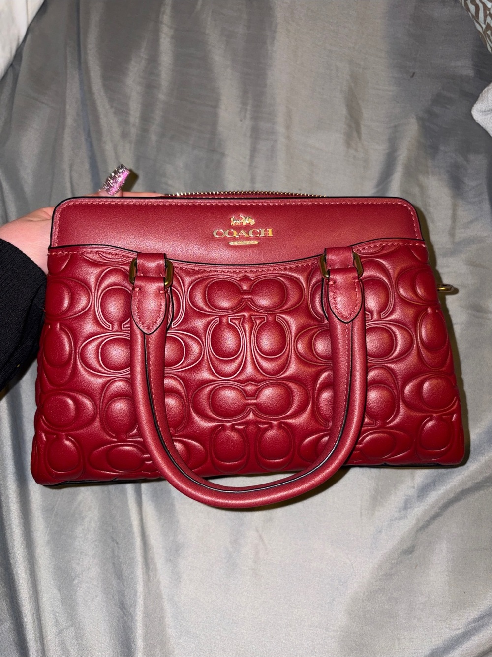 Coach Embossed Leather Satchel in Deep Red